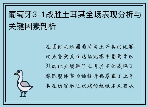 葡萄牙3-1战胜土耳其全场表现分析与关键因素剖析