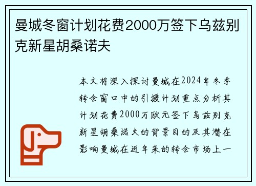 曼城冬窗计划花费2000万签下乌兹别克新星胡桑诺夫
